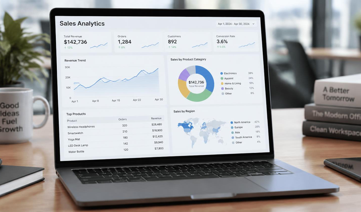 Laptop showing a sales and lead analytics dashboard