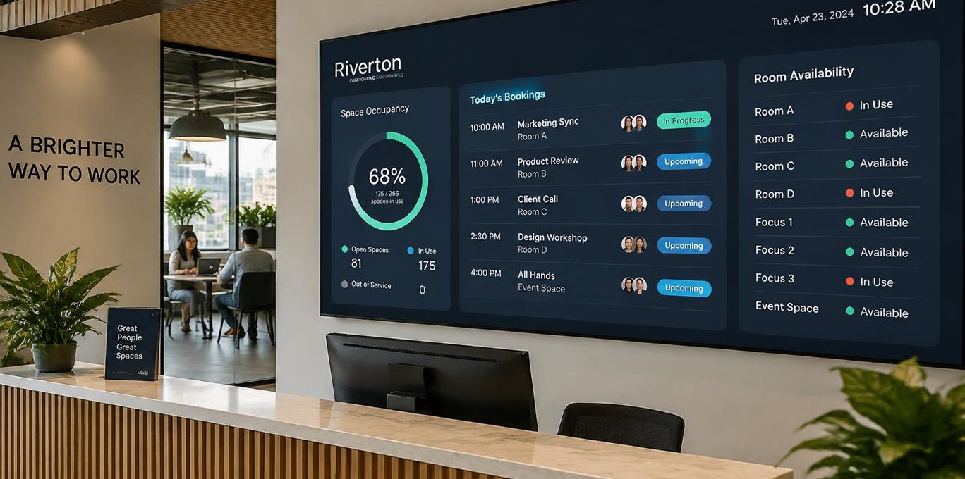 Coworking space with workspace management display