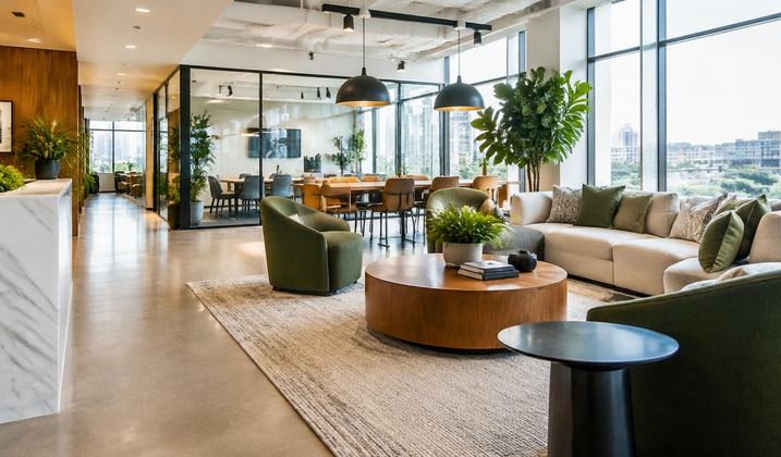 Commercial office interior with city views