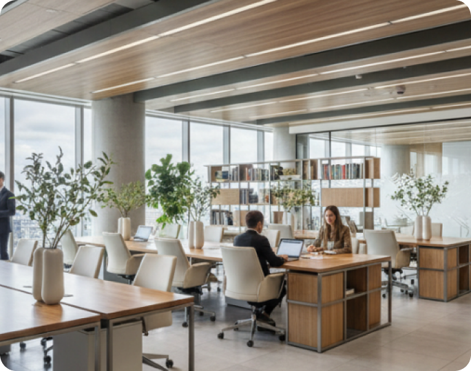 Modern commercial office workspace with desks and natural light